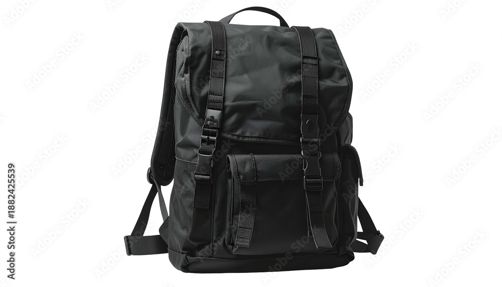 Fototapeta premium Black, urban-style backpack with multiple straps, buckles, a front pocket, and a roll-top closure. Ideal for travel or daily use