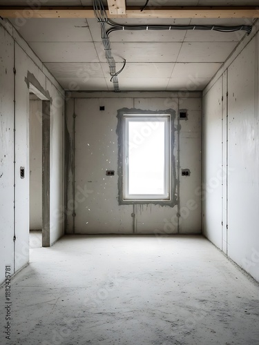 Minimalist concrete room construction under renovation with a bright window