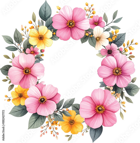 Minimal watercolor wreath with bold blooms for logo frames. Floral ring border suited to premium voucher designs. Handpainted garden circle for modern wedding announcements