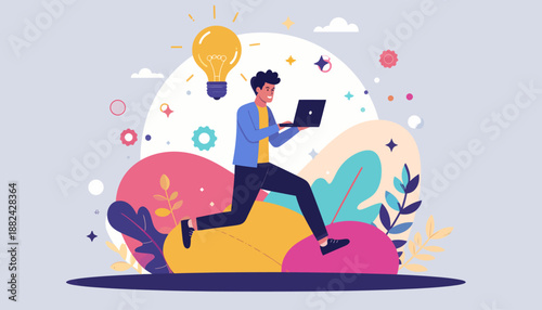Dynamic illustration of a man running with a laptop, symbolizing innovative ideas, digital productivity, and fast-paced business solutions in a vibrant creative environment