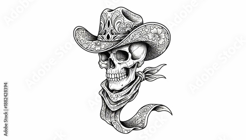 Intricate illustration of a cowboy skull wearing a patterned hat and bandana, a striking gothic symbol of mortality and the Wild West