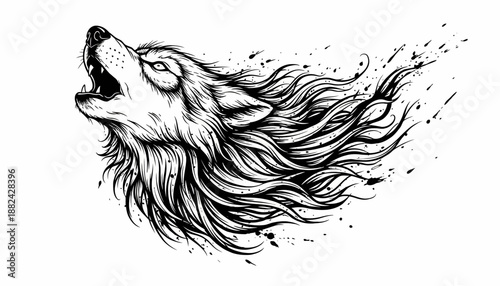 Dynamic black and white illustration of a powerful wolf head howling fiercely with a primal spirit, showcasing wild energy and a striking artistic effect