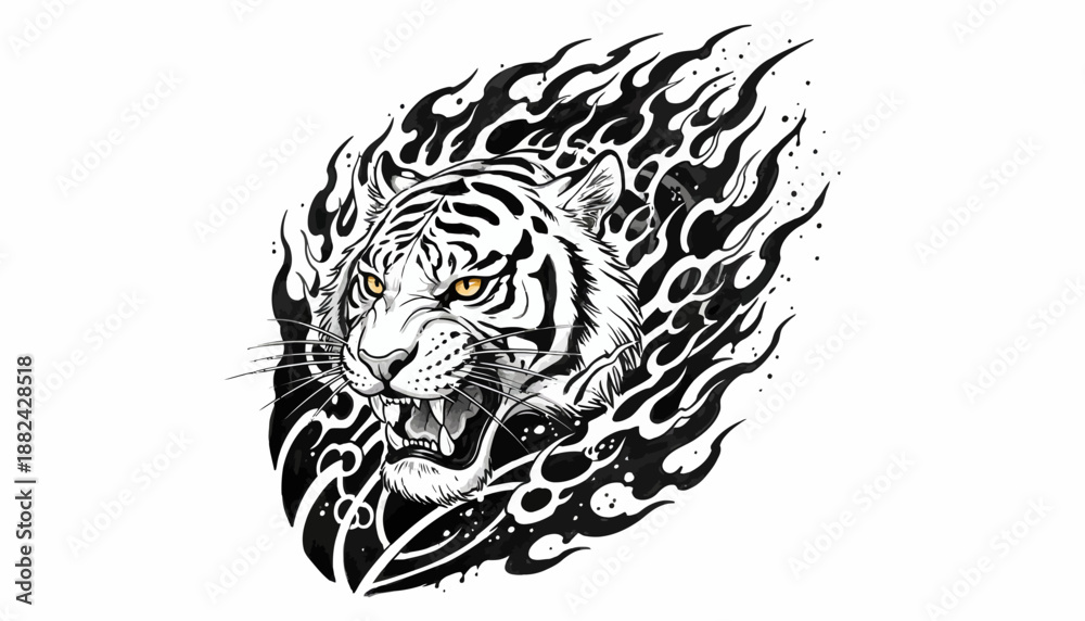 Fototapeta premium Dynamic monochrome illustration of a roaring tiger's head wreathed in fiery motifs, embodying a fierce spirit and primal power