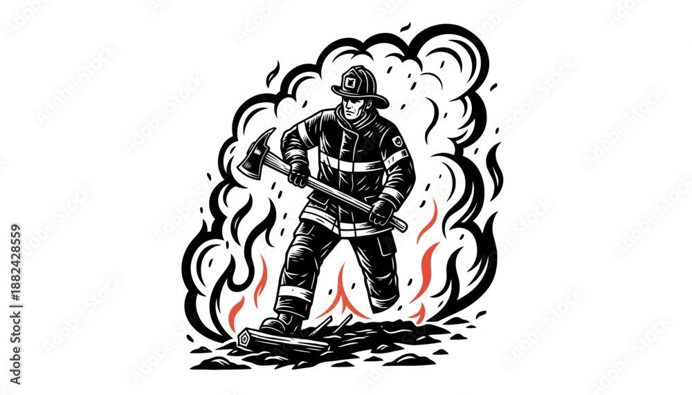 Obraz premium Dynamic illustration of a brave firefighter battling a blaze, holding an axe amidst flames and smoke, embodying courage and dedicated service in emergency rescue