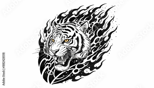 Dynamic monochrome illustration of a roaring tiger's head wreathed in fiery motifs, embodying a fierce spirit and primal power