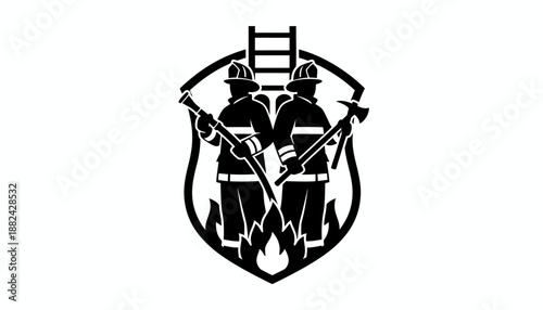 Silhouette illustration of two firefighters in front of a shield and flames, symbolizing protection and emergency response