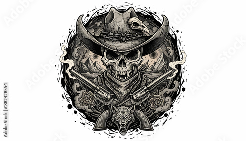 A macabre Western illustration featuring a skull wearing a cowboy hat, crossed revolvers, and a wolf, evoking a gothic and gritty atmosphere