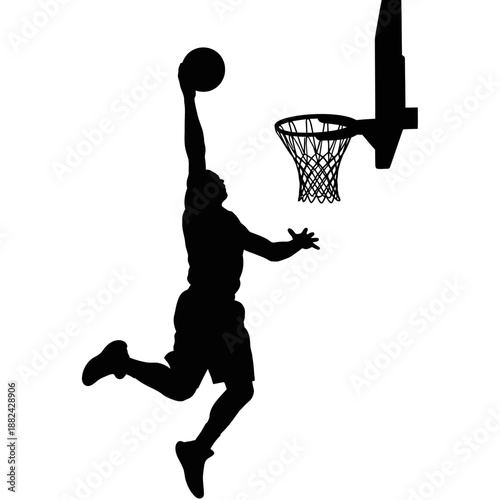 Silhouette of a basketball player dunking a ball into a hoop.