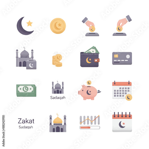 Islamic Finance Icons Set for Zakat Charity.