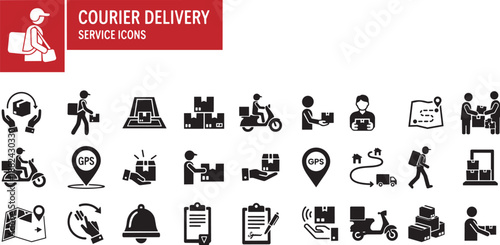 Courier delivery service icons set with various delivery personnel and logistics symbols