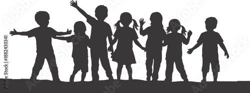 Silhouette of a group of happy children standing