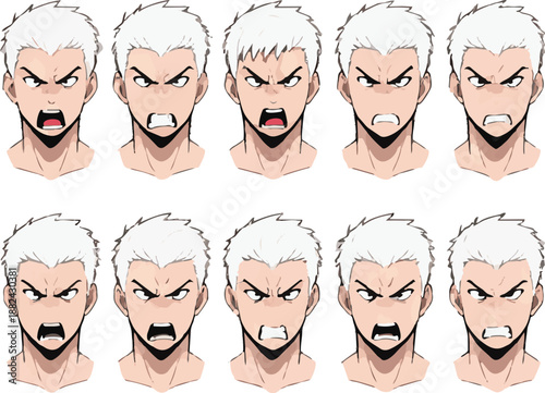 A set of anime style cartoon character headshots with various angry facial expressions
