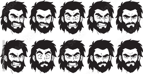 Collection of various cartoon caveman faces with different expressions