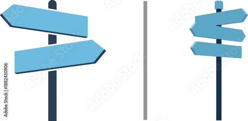 A side-by-side comparison of blue directional signposts: the left features two large, staggered arrows, while the right displays three smaller arrows pointing in various directions.