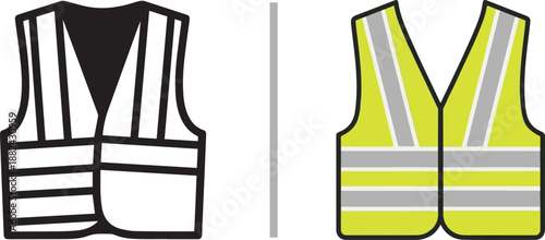 High-visibility safety vest icons in lime yellow and black-and-white. These vector illustrations represent industrial workwear, construction safety gear, and emergency responder reflective apparel.