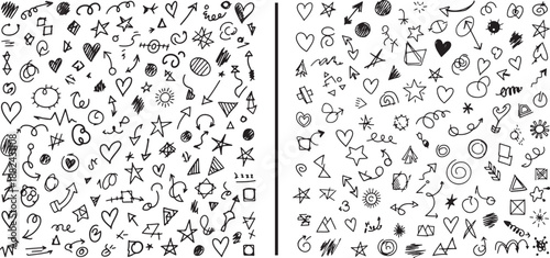 A vast collection of minimalist hand-drawn doodles in black ink. Featuring small hearts, stars, arrows, and abstract swirls, these whimsical sketches are perfect for creative journaling and background