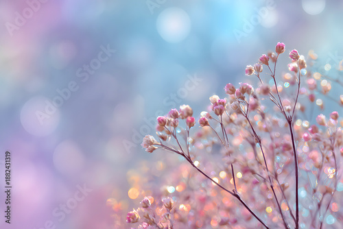 Close up of small dried flowers with bokeh pastel background