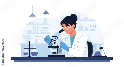 Female Laboratory Worker Using Microscope Lab Science Project Scientific Research and Medical Lab Vector Illustration