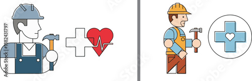 Vector illustrations of construction workers holding hammers alongside medical cross and heart icons. Represents occupational health, workplace safety, and builder healthcare services.