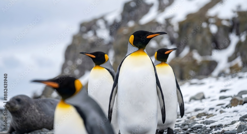 Fototapeta premium Three magnificent King Penguins stand proudly against a rugged, snowy cliff. Sharp focus on their vibrant plumage and expressive eyes. Cinematic, photorealistic wildlife shot with natural lighting and