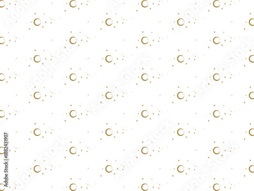 Seamless mystical pattern of golden crescent moons and stars with transparent background