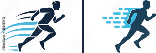 A side-by-side comparison of two dynamic sprinting icons: a dark navy runner with curved blue motion trails on the left and a navy silhouette with pixelated blue speed streaks on the right.