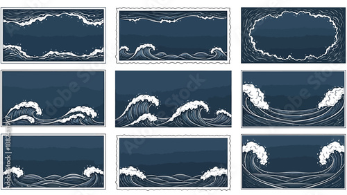 A collection of illustrated ocean waves from various viewpoints in different environments and styles