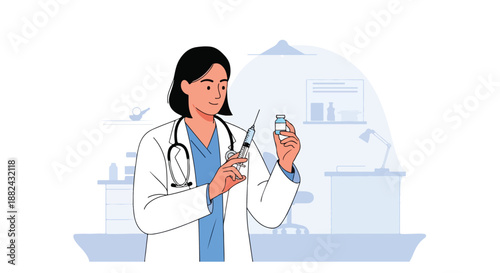 Female Doctor Holding Syringe and Vaccine Vial Vector Illustration – Medical Injection, Professional Healthcare Scene