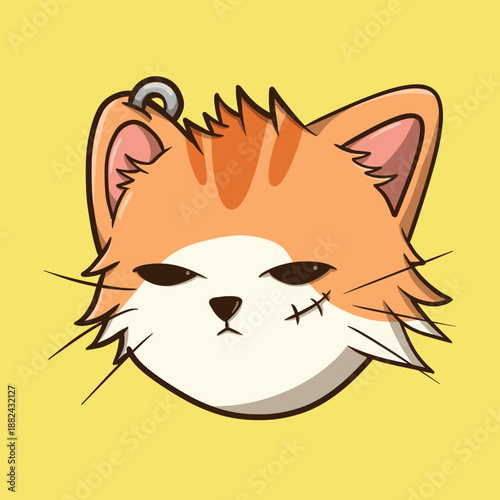Charming illustration of an orange cat's head with a piercing and stitches, embodying a quirky and resilient spirit