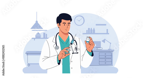 Male Doctor Holding Syringe and Vaccine Vial Vector Illustration – Medical Injection, Professional Healthcare Scene