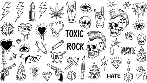 A collection of black and white illustrations symbolizing toxic rock culture with skulls, hearts, and symbols