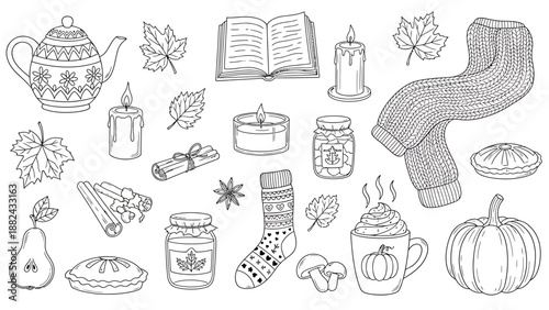 Cozy autumn elements illustration featuring tea, book, candles, and seasonal items in a warm and inviting arrangement from a straightforward viewpoint.