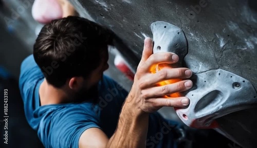 Determined male rock climber grips an illuminated hold on a challenging climbing wall