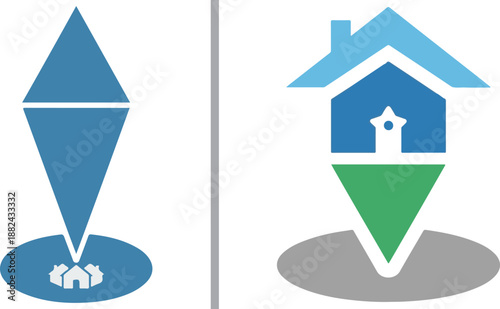 Modern house and home location pin icons in blue and green. Geometric vector symbols perfect for real estate apps, property search maps, and residential navigation services.