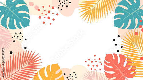 Tropical leaves and flowers surrounding a blank white space in a vibrant and colorful illustration