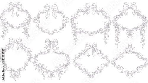 Collection of ornate frames with bows and ribbons, illustrating decorative elements in a minimalist line art style, suitable for graphic design projects and invitations