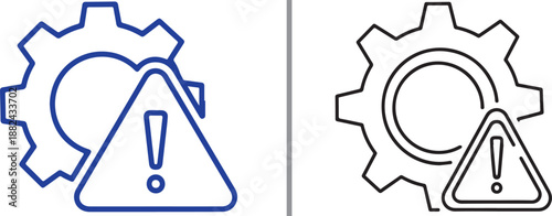 Blue and black line icons featuring a gear and a warning triangle with an exclamation mark. Perfect for technical support, system error alerts, maintenance, and industrial safety designs.