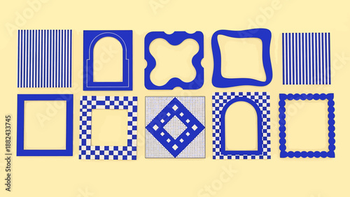 Collection of assorted blue and white patterned frames on a pale yellow background viewed straight on