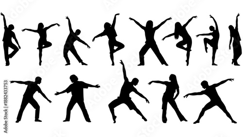 Multiple silhouetted individuals performing yoga poses in various stances and movements