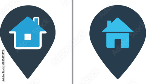 A side-by-side comparison of two dark blue map pin icons, each containing a light blue house silhouette with different architectural details and white or blue outlines.