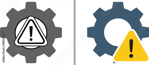 A side-by-side comparison of two technical warning icons: a gray gear with a centered alert triangle on the left, and a blue gear with a yellow alert triangle offset to the right.