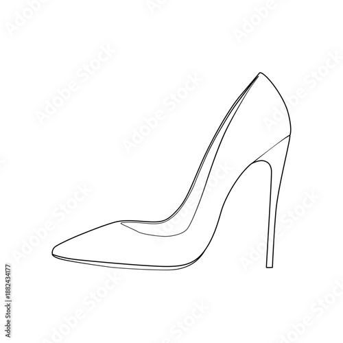 Side view outline of a women's high heel stiletto shoe. Vector line art of elegant fashion footwear isolated on white background.