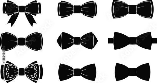 Black bow tie silhouette set, elegant formal wear necktie icons for men fashion, tuxedo accessories for wedding, party, and celebration,