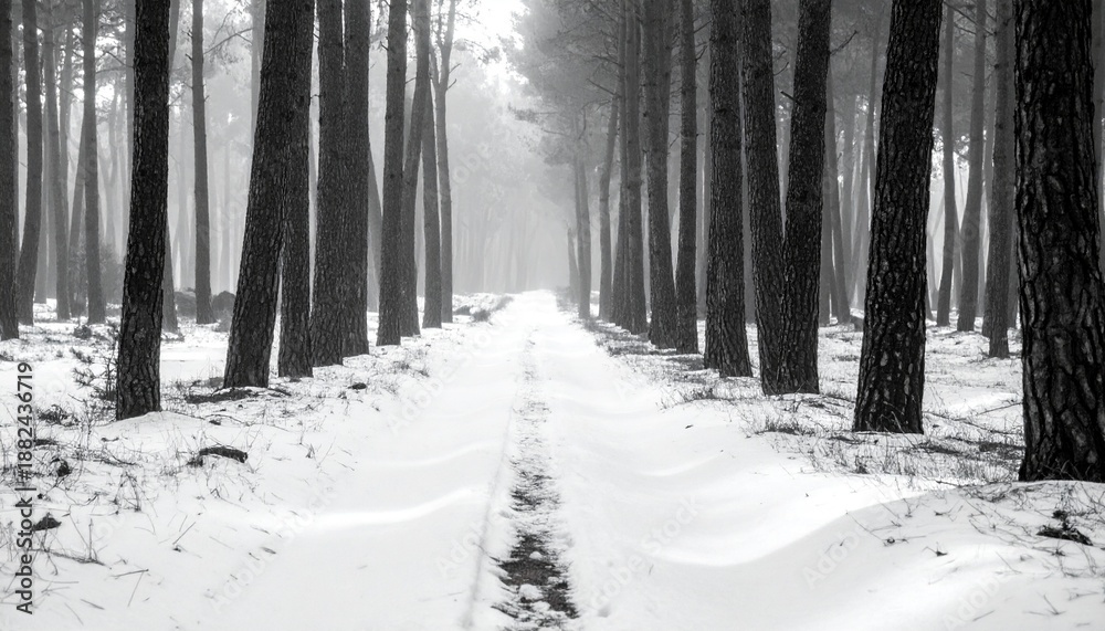 Fototapeta premium Snowy Forest Path - A Serene Winter Landscape with Tall Trees and Fresh Snow.