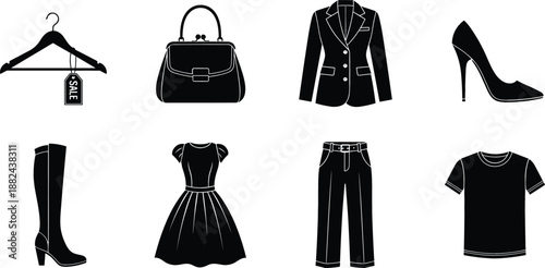 Women's fashion and apparel icon set featuring silhouettes of a dress blazer handbag high heels and boots for retail flat vector illustration