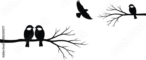 Black chickadee silhouettes perched on winter branches and flying in flight isolated on white background for nature garden vector design.