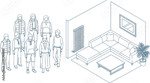 Isometric line art vector illustration of a diverse group of people in casual attire next to a modern living room interior with a sectional sofa and coffee table
