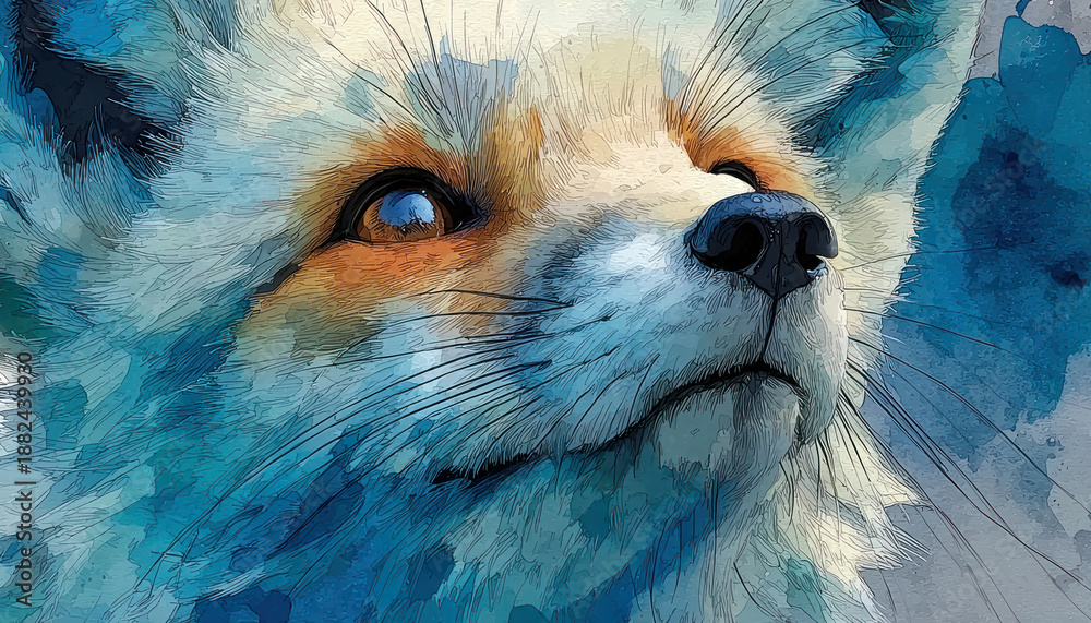 Fototapeta premium An artistic portrait of a fox, executed in a watercolor and graphic style. 
