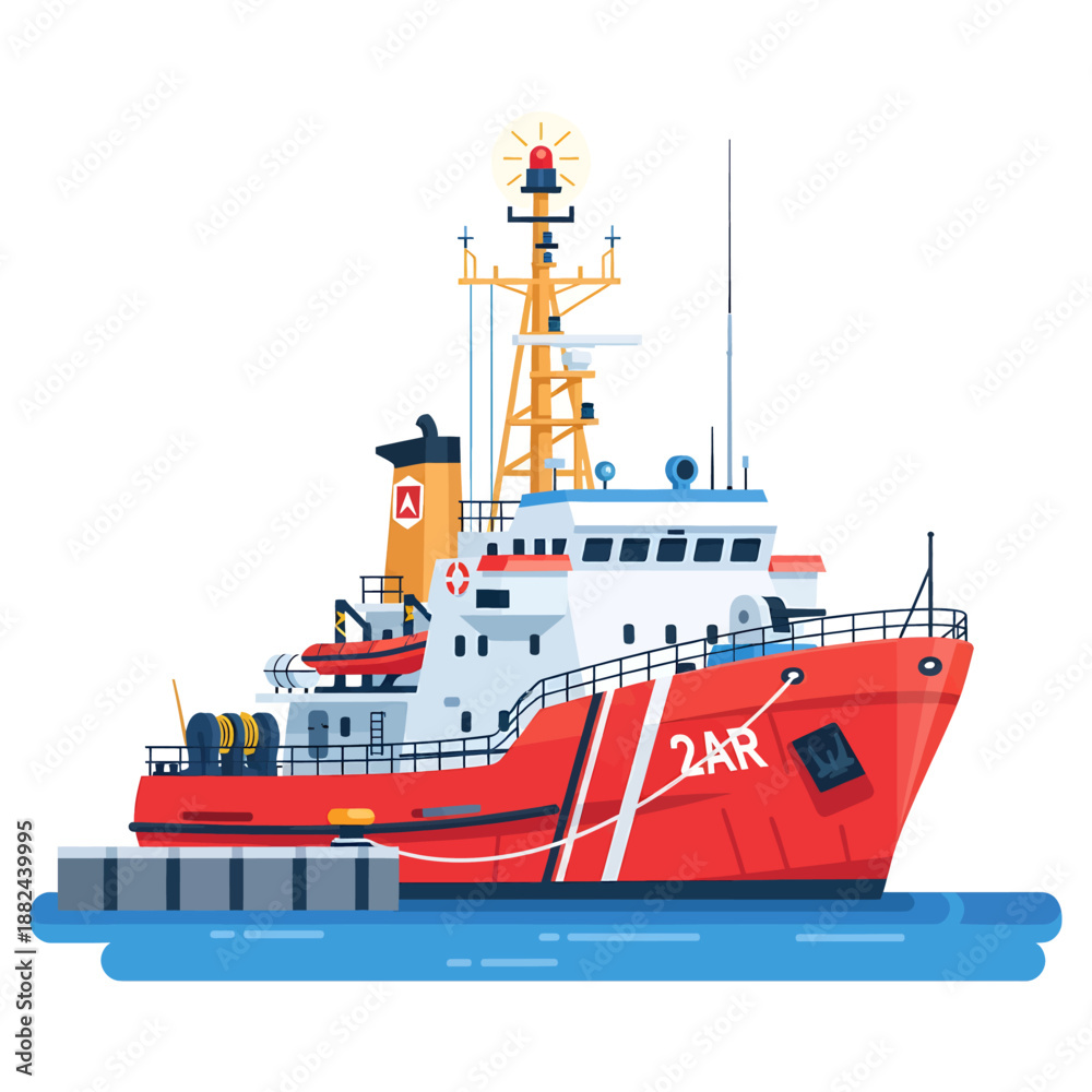 Fototapeta premium A red rescue ship docked at a harbor, viewed from the side, showcasing its detailed structure and equipment.