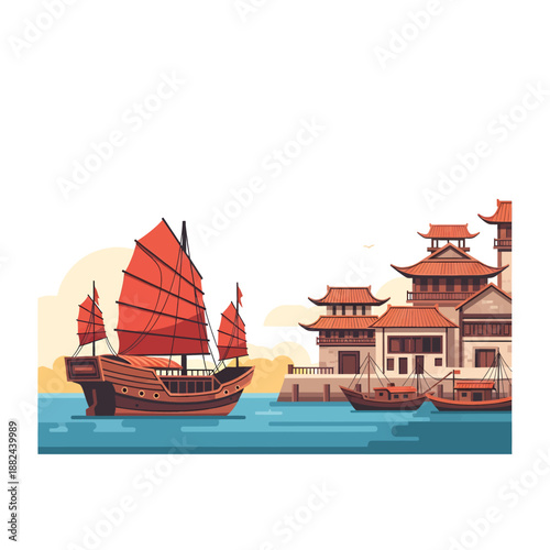 Ancient Chinese boat sailing near a traditional pagoda building on a serene waterfront